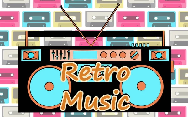 Velho vintage retro hipster música elegante gravador de fita de áudio para audiocassetes dos anos 70, 80, 90 e uma música retro inscrição. O pano de fundo. Ilustração vetorial. Cartaz de disco —  Vetores de Stock