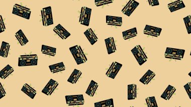 80 's, 90 's dan eski vintage retro hipstersih şık izometrik müzik ses kayıt cihazı 70's dan ses kasetleri için dikişsiz desen doku. Arka plan. Vektör çizim