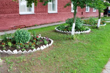 Ev yapımı flowerbed güzel cet ve bitkiler, yeşil ve yeşil çim ile