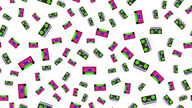 Doku eski vintage retro hipstersih şık izometrik müzik ses ses kasetleri için 70's, 80 's, 90 's dinlemek için teyp üzerinden seamless modeli. Arka plan. Vektör çizim