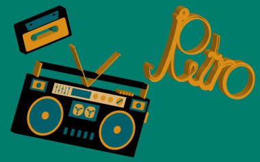 Eski vintage retro hippiler için ses kasetleri 70's, 80 's, 90 's dinlemek için bir şık izometrik müzik ses kaydedici olduğunu. Arka plan. Vektör çizim