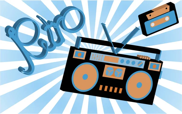Oude vintage retro hippies is een stijlvolle isometrische muziek audio recorder voor het beluisteren van audio cassettes uit de 70's, 80 's, 90 's tegen de achtergrond van abstracte zonnestralen. Vectorillustratie — Stockvector