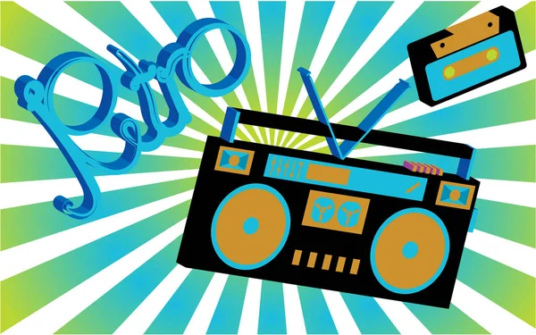 Old vintage retro hippies es un elegante grabador de audio de música isométrica para escuchar casetes de audio de los años 70, 80, 90 en el fondo de los rayos solares abstractos. Ilustración vectorial — Vector de stock