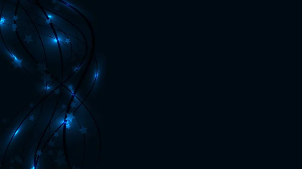 Espacio abstracto fondo azul con líneas onduladas brillantes y destellos de luz y asteriscos. Estrellas y rayas azules sobre un fondo azul y espacio de copia — Vector de stock