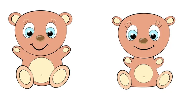 Dos lindo, hermoso, oso marrón chica y niño con la cabeza grande y ojos azules sobre fondo blanco y espacio de copia. Vector — Vector de stock