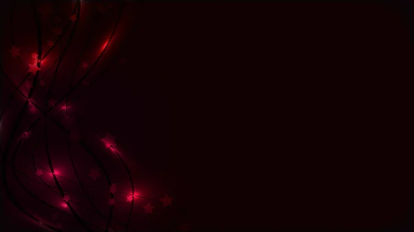 Fondo oscuro cósmico abstracto con líneas onduladas brillantes y destellos y asteriscos claros. Estrellas rojas y rayas sobre un fondo oscuro y espacio de copia — Archivo Imágenes Vectoriales