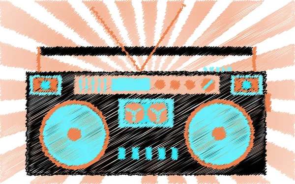 Registratore audio retrò, vecchio, vintage, hipster, musicale, a cassetta. Boombox dipinto con linee tratteggiate sullo sfondo dei raggi — Vettoriale Stock