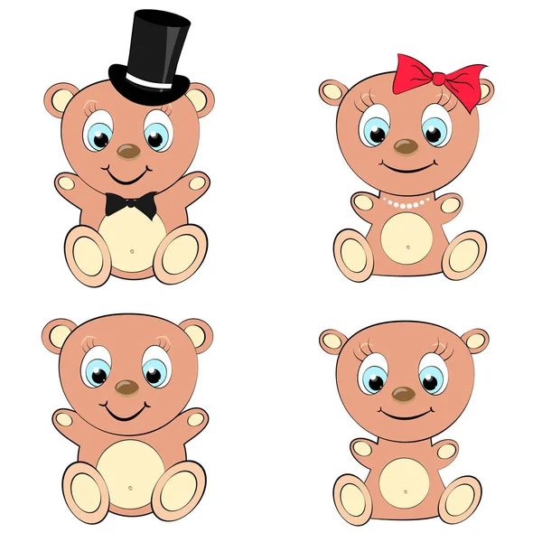 Set of four cute, beautiful, brown bear girl and boy with big head and blue eyes in cylinder and bow tie, bow and pearl necklace on white background and copy space. Vector — Stock Vector