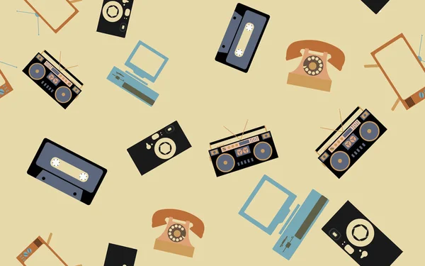 Υφή, χωρίς ραφή πρότυπο από ρετρό ηλεκτρονικά σετ παλιά vintage hipster τεχνολογίας: κάμερα, υπολογιστή, κασέτα, μαγνητόφωνο, τηλέφωνο, τηλεόραση. υπόβαθρο, ταπετσαρία. Εικονογράφηση διάνυσμα — Διανυσματικό Αρχείο