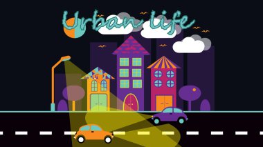 Şehir manzarası gökdelenler ile basit bir düz tarzda fanbers ve gökyüzü, bulutlar ve yazıt kentsel yaşam güneşle karşı arabalar pahalı ağaçlarıyla ev sahipliği yapmaktadır. Vektör çizim