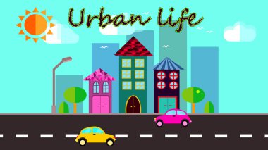 Şehir manzarası gökdelenler ile basit bir düz tarzda fanbers ve gökyüzü, bulutlar ve yazıt kentsel yaşam güneşle karşı arabalar pahalı ağaçlarıyla ev sahipliği yapmaktadır. Vektör çizim