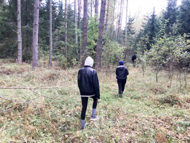 İnsanlar, mantar seçiciler sıcak giysiler içinde bir zammı ile sonbahar orman ağaçları çim ve yaprakları boyunca doğada ile yürümek