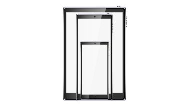 Güzel modern dijital araçlar, gerçekçi siyah akıllı dokunmatik ekran cep telefonları, akıllı telefonlar ve dokunmatik ekran üzerinde izole beyaz arka plan tablet. Vektör çizim