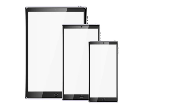 Hermosos aparatos digitales modernos, teléfonos móviles realistas de pantalla táctil inteligente negro, teléfonos inteligentes y tabletas de pantalla táctil aislados sobre fondo blanco. Ilustración vectorial — Vector de stock