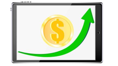 Altın dolar para ve grafik, akıllı tablet akıllı telefonlar arka plan üzerinde büyüyen diargamma modern gerçekçi mobil cihazlar touch. Vektör çizim