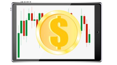 Altın dolar para ve bir grafik, şamdanlar ve şamdanlar akıllı arka plan üzerinde şeklinde diargamma modern gerçekçi mobil cihazlar ile akıllı telefonlar tablet. Vektör çizim