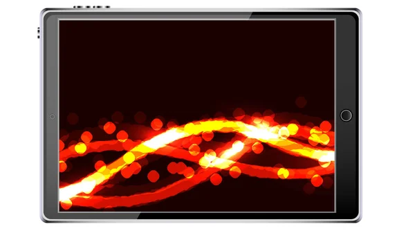Black smart tablet smartphone with touchscreen, modern realistic mobile device with abstract magic energy splash, wallpaper isolated on white background. Vector illustration — Stock Vector