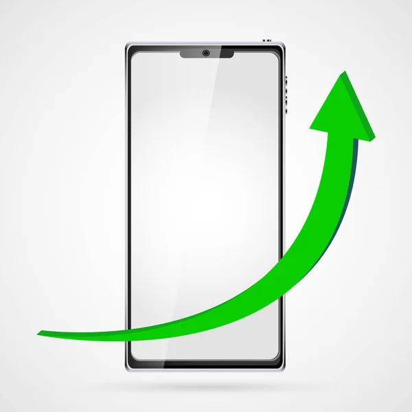 Gráfico creciente con flecha verde hacia arriba en el teléfono inteligente negro teléfono inteligente de fondo con pantalla táctil, moderno realista. Ilustración vectorial — Vector de stock