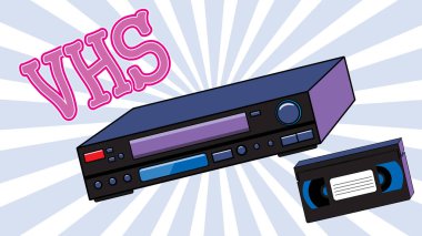Old retro wines antique analog hipster video recorder with magnetic video tape for watching movies and the inscription VHS on the background of abstract rays clipart
