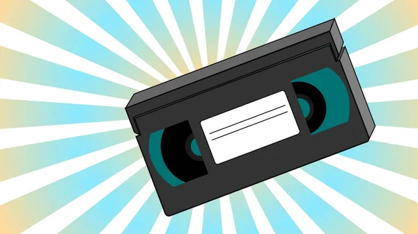 Alter analoger Retro-Hipster mit Filmvideokassette für einen Videorekorder mit Magnetfilm zum Betrachten von Filmen auf abstraktem Strahlenhintergrund — Stockvektor