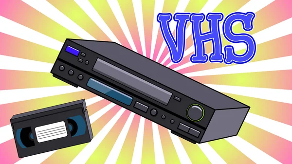 Vieux vins rétro antique enregistreur vidéo analogique hipster avec bande magnétique vidéo pour regarder des films et l'inscription VHS sur le fond des rayons abstraits — Image vectorielle