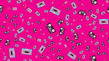 Doku, audiowder kulaklık, eski vintage retro hipster film ses kaseti ve müzik kaset Kaset Kaydedici ile seamless modeli. Poster. Vektör çizim