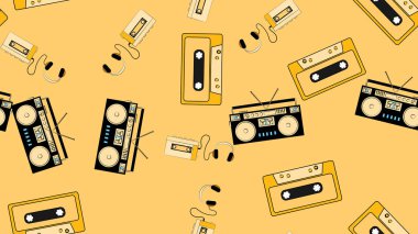 Doku, audiowder kulaklık, eski vintage retro hipster film ses kaseti ve müzik kaset Kaset Kaydedici ile seamless modeli. Poster. Vektör çizim