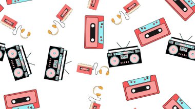 Doku, audiowder kulaklık, eski vintage retro hipster film ses kaseti ve müzik kaset Kaset Kaydedici ile seamless modeli. Poster. Vektör çizim