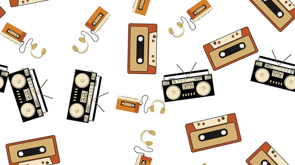 Textura, padrão sem costura de audiowder com fones de ouvido, velho vintage retro hipster filme cassete de áudio e gravador de fita cassete de música. Cartaz. Ilustração vetorial —  Vetores de Stock
