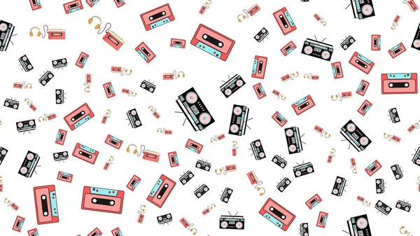 Texture, seamless pattern from audiowder with headphones, old vintage retro hipster film audio cassette and music cassette tape recorder. Poster. Vector illustration — Stock Vector