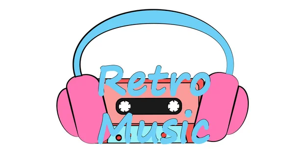 Auriculares grandes de tamaño completo para escuchar música y casete de película retro hipster antiguo y la inscripción de música retro. Cartel. Ilustración vectorial — Archivo Imágenes Vectoriales