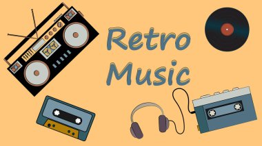 Poster vinil kaydı, eski vintage retro hipster film müzik ilk oyuncu ve ses kasetleri ve retro müzik yazıt için dinlemek için ses kayıt cihazı. Vektör çizim