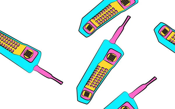 Doku, eski retro vintage çok renkli antika analog hipster hücresel cep telefonu sürgü fiziki düğmeleri ve büyük uzun anten ile seamless modeli posteri. Vektör çizim