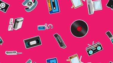 Doku, eski retro hipster elektronik çıkartmalar, tv kaydedici cep telefonu, player, ses kaseti, video kaydedici, oyun konsolu, kamera, bilgisayar seamless modeli. Arka plan. Vektör