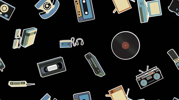 Texture, seamless pattern of old retro hipster electronics stickers, tv recorder mobile phone, player, audio cassette, video recorder, game console, camera, computer. The background. Vector — Stock Vector