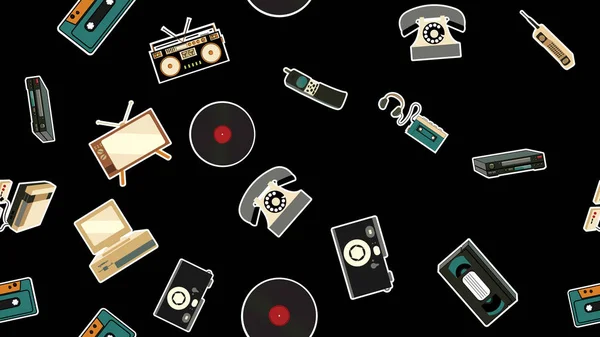 Texture, seamless pattern of old retro hipster electronics stickers, tv recorder mobile phone, player, audio cassette, video recorder, game console, camera, computer. The background. Vector — Stock Vector