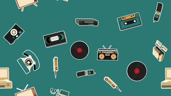 Texture, seamless pattern of old retro hipster electronics stickers, tv recorder mobile phone, player, audio cassette, video recorder, game console, camera, computer. The background. Vector — Stock Vector