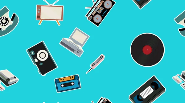 Texture, seamless pattern of old retro hipster electronics stickers, tv recorder mobile phone, player, audio cassette, video recorder, game console, camera, computer. The background. Vector — Stock Vector