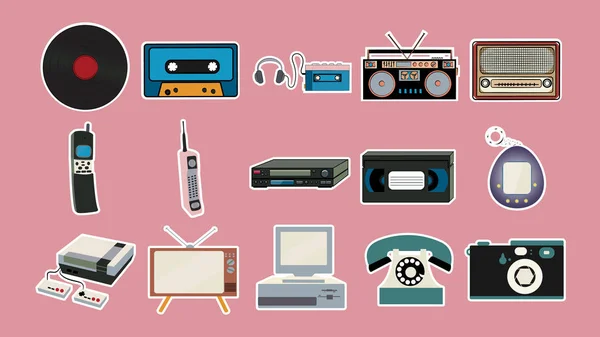 一套贴纸老式复古复古时髦的手机, 电视, 录音机, 播放机, 录音带, 录像带, 录像机, 游戏机, 相机, 电脑, 收音机。向量例证 — 图库矢量图片