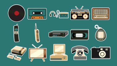 Eski retro vintage antik hipster cep telefonları, tv, ses kaydedici, player, ses bandı, video kaset, video kaydedici, oyun konsolu, fotoğraf makinesi, bilgisayar, radyo, çıkartmaları kümesi. Vektör çizim