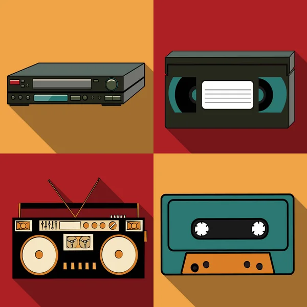 Um conjunto de quatro ícones simples de estilo plano com uma longa sombra de eletrônicos antigos retro vintage hipster, gravador de fita, fita de áudio, player de vídeo e fita de vídeo VHS VCR. Ilustração vetorial — Vetor de Stock