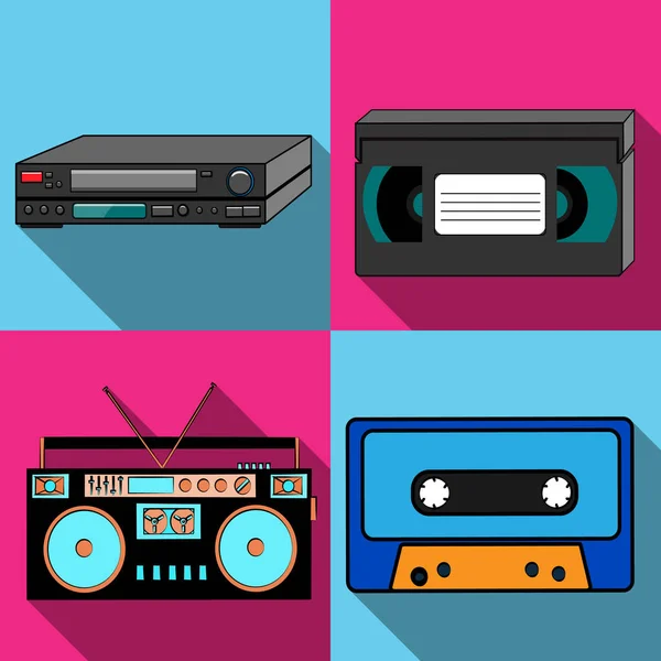 Un set di quattro semplici icone in stile piatto con una lunga ombra dal vecchio retro vintage hipster elettronica antica, registratore, nastro audio, lettore video e videocassetta VHS. Illustrazione vettoriale — Vettoriale Stock