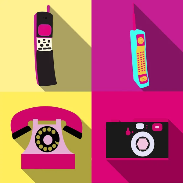 Un set di quattro semplici icone in stile piatto con una lunga ombra di vecchi vintage vintage hipster elettronica d'epoca, telefoni cellulari a bottone e cursori con fotocamera. Illustrazione vettoriale — Vettoriale Stock