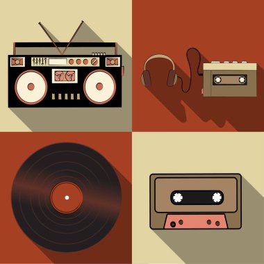 Eski retro vintage hipster Elektronik Mühendisliği, müzik ses kaydedici, player, kaset, vinil kayıt uzun gölge ile basit düz stil simgeler kümesi. Vektör çizim