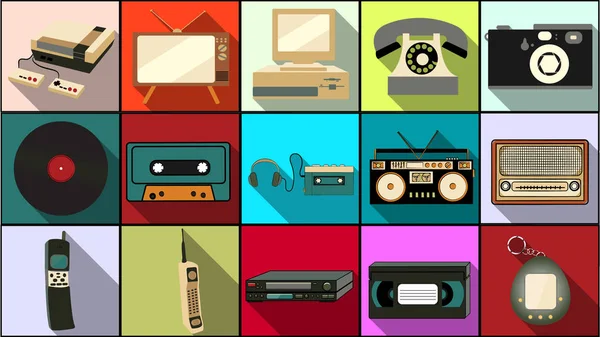 Conjunto de ícones simples de estilo plano com sombra longa de eletrônicos antigos retro vintage hipster, telefones celulares, câmera, gravador de áudio, fita, computador, registro de vinil. Ilustração vetorial —  Vetores de Stock