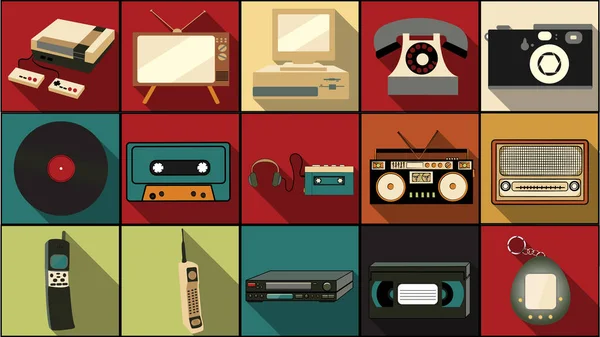 Eski retro vintage hipster elektronik, cep telefonu, kamera, ses kaydedici, kaset, bilgisayar, vinil kayıt uzun gölge ile basit düz stil simgeler kümesi. Vektör çizim