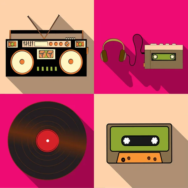 Eski retro vintage hipster Elektronik Mühendisliği, müzik ses kaydedici, player, kaset, vinil kayıt uzun gölge ile basit düz stil simgeler kümesi. Vektör çizim — Stok Vektör