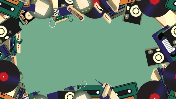 Κορνίζα από παλιά ρετρό hipster ηλεκτρονικά, κινητά τηλέφωνα, τηλεόραση, κασέτες ήχου, Vcr, κασετόφωνο, παίκτης παιχνιδιών κονσόλας, φωτογραφική μηχανή, ο υπολογιστής. Το φόντο. Εικονογράφηση διάνυσμα — Διανυσματικό Αρχείο