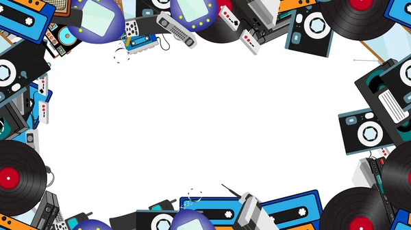 Frame from old retro hipster electronics, mobile phones, TV, tape recorder, player, audio cassettes, VCR, game console, camera, computer. The background. Vector illustration — Stock Vector