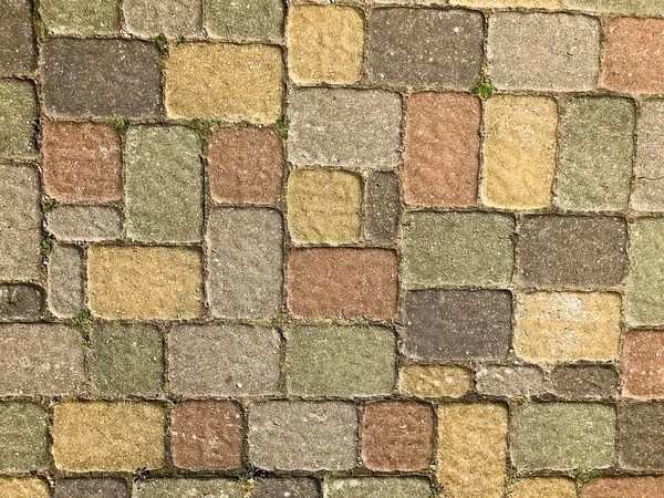 Texture di multicolore bella pietra rettangolare mattonelle di mattoni pavimentazione con cuciture ricoperte di erba verde. Lo sfondo — Foto Stock